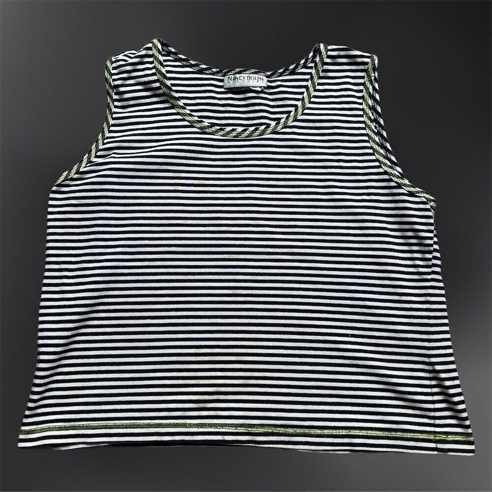 Nancy Bolen City Girl Striped tank. Lime green stitching. Stained. XL